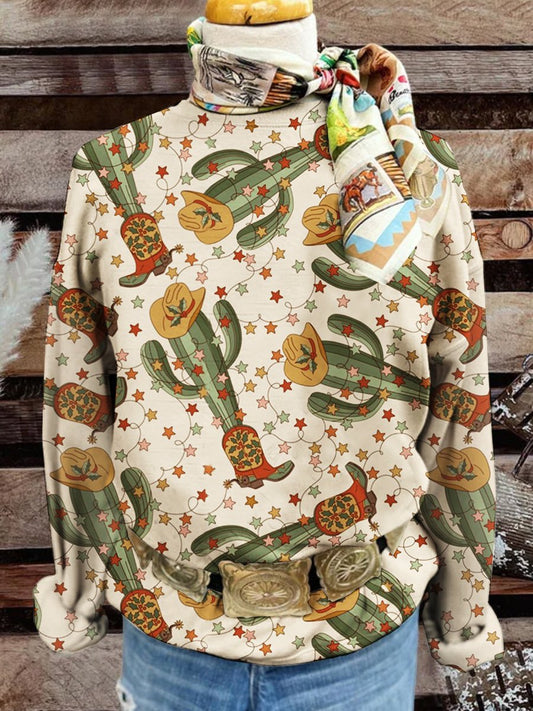 Western Cactus Christmas Print Casual Sweatshirt