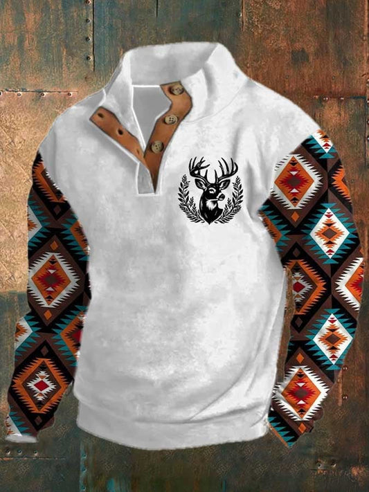 Men's Western Vintage Print Stand Collar Button Sweatshirt