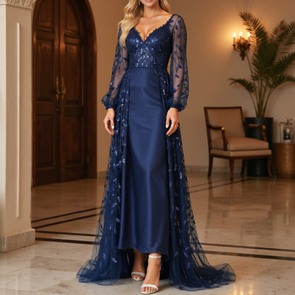 Women's Mesh Lace Sequin Embroidery Satin Long Sleeve Elegant Dress Long Dress