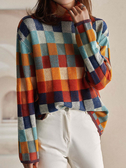 Vintage Colorful Checkerboard Knit Turtleneck Sweater