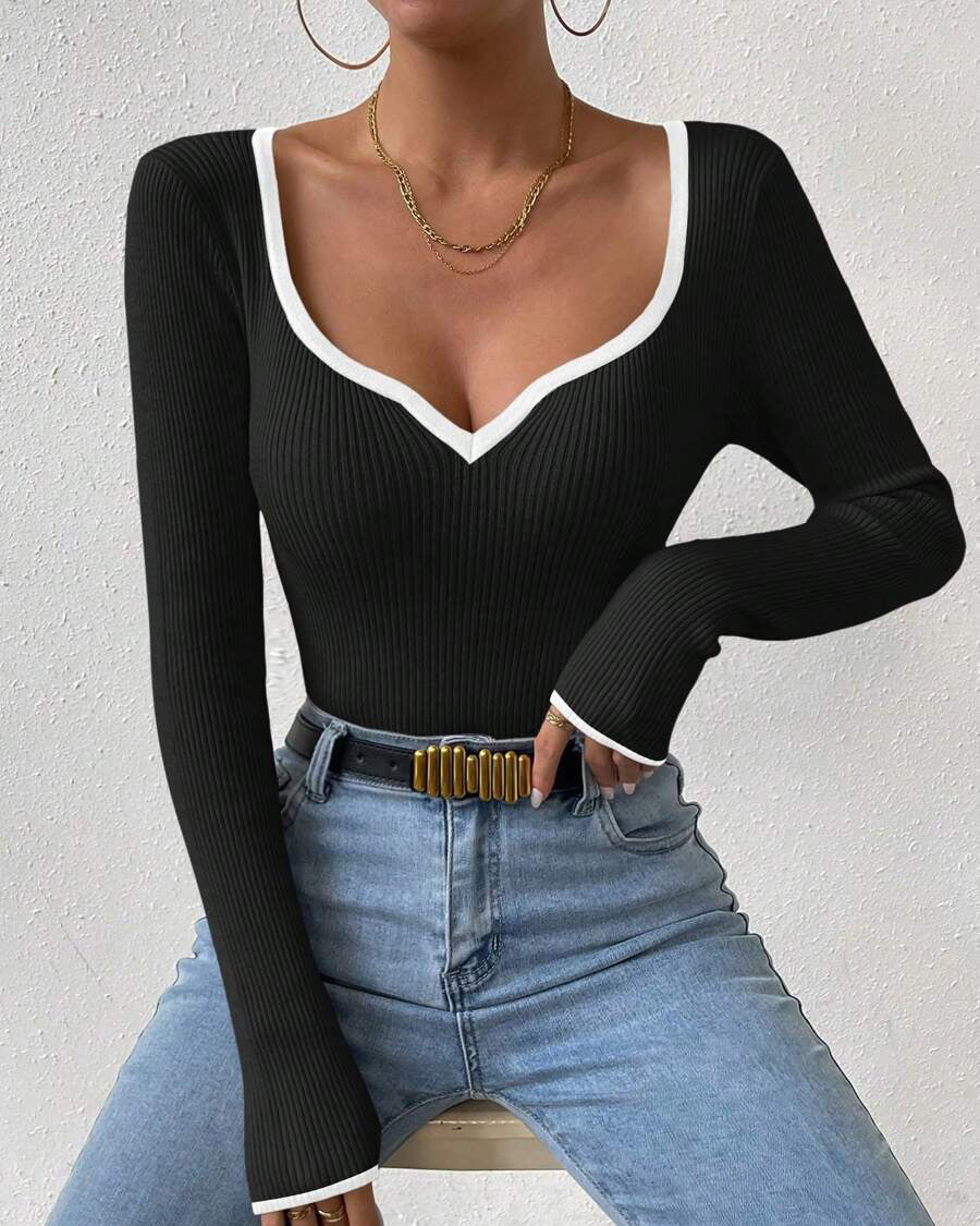 V-Neck Contrast Color Knitted Sweater Ribbed Top