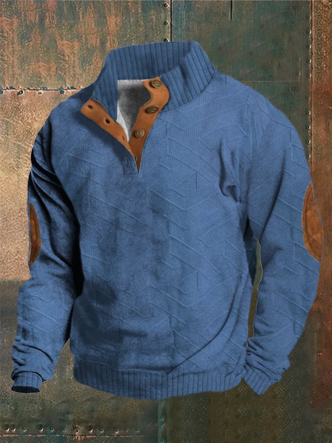 Men's Western Vintage Knitted Jacquard Print Stand Collar Button Sweatshirt