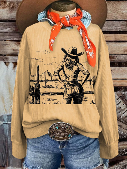 Women's Retro Cowboy Girl Back View Print Casual Corduroy Sweatshirt