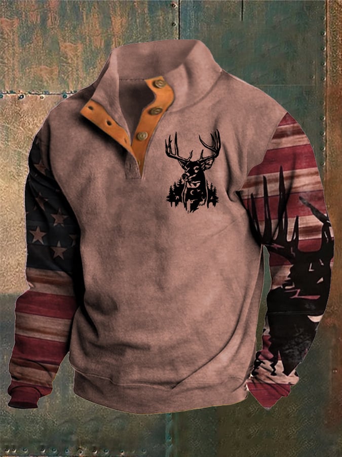 Men's Western Style Printed Stand Collar Button Sweatshirt