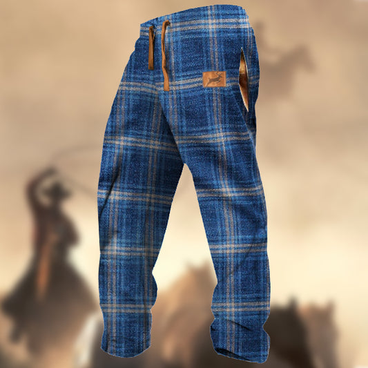 Men's Retro Blue & Pink Plaid Elk Sports Casual Sweatpants