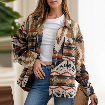 Women's Thickened Vintage Aztec Print Tweed Jacket