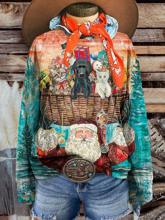 Women's Vintage Christmas Santa Claus and Cute Cat Dog Art Print Corduroy Sweatshirt