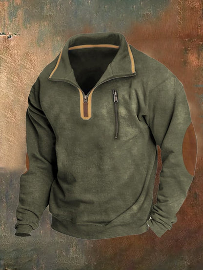 Men's Vintage Distressed Contrast Zip-Up Sweatshirt