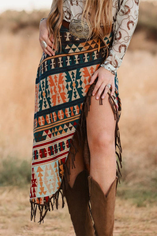 Vintage Aztec Pattern Fringed Slit Skirt