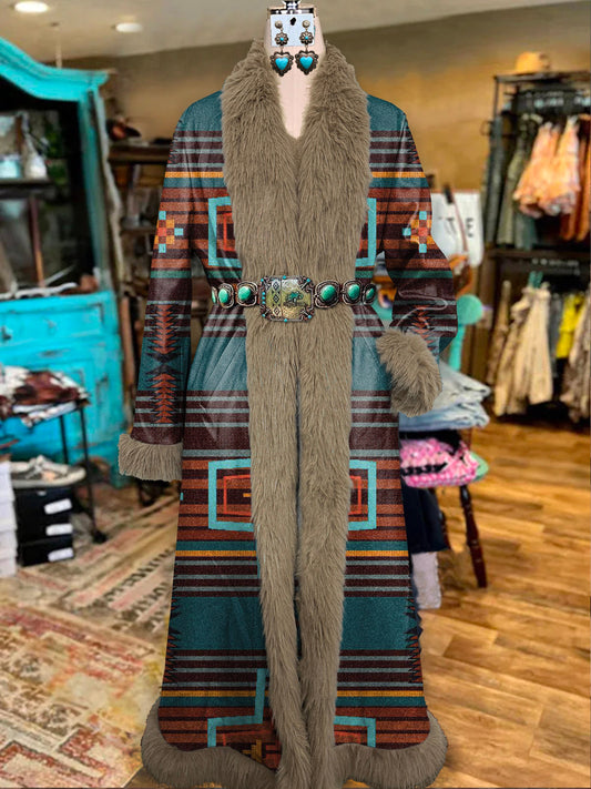 Women's Vintage Ethnic Aztec Printed Fur Patchwork Suede Long Afghan Coat