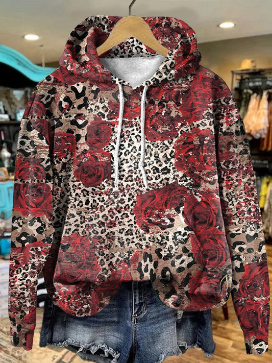 Retro Red Leopard Flower Art Print Casual Hoodie Sweatshirt