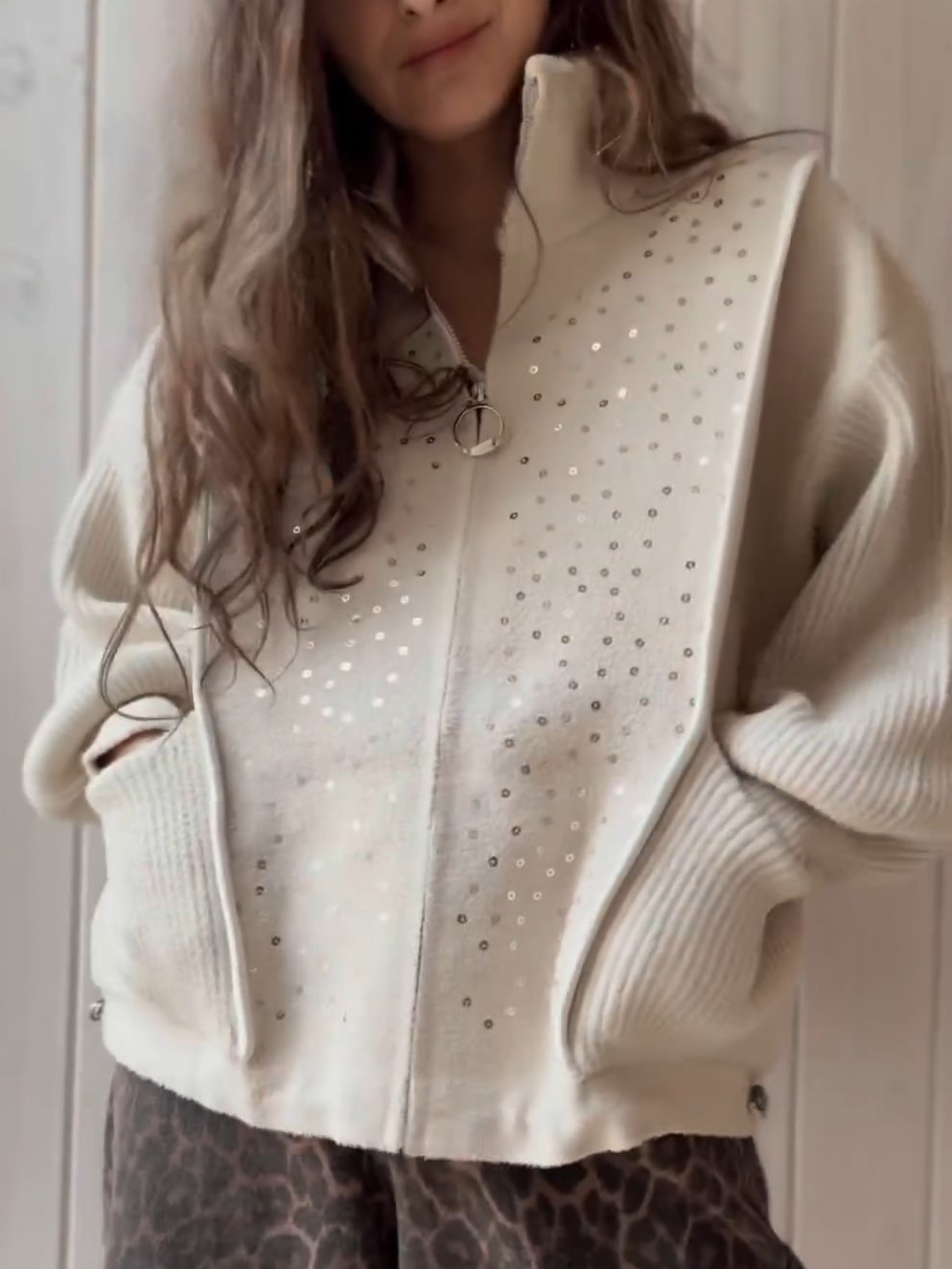 Women's Casual Pocket Sequined Knit Jacket