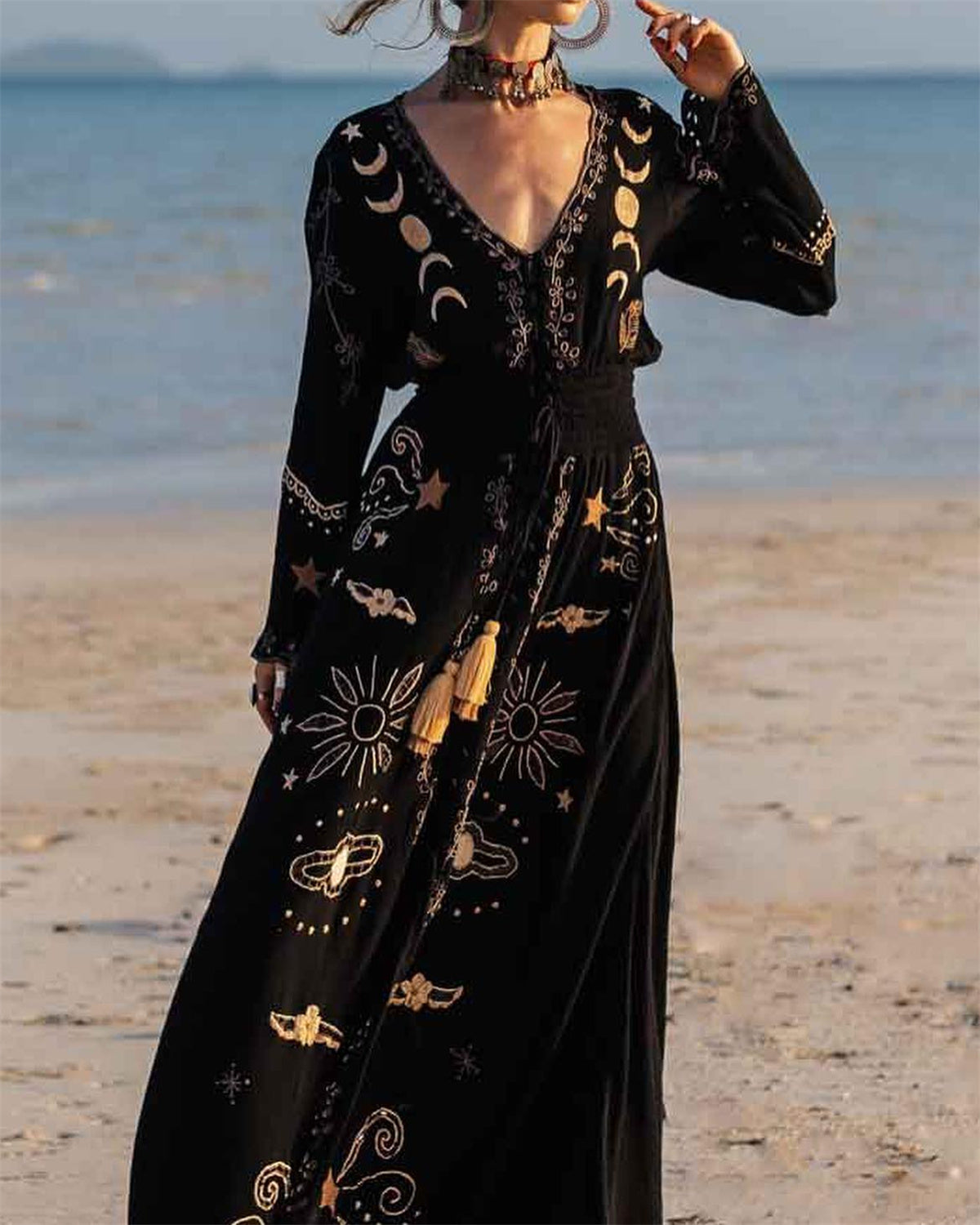 Women's V-neck Black Embroidery Print Dress