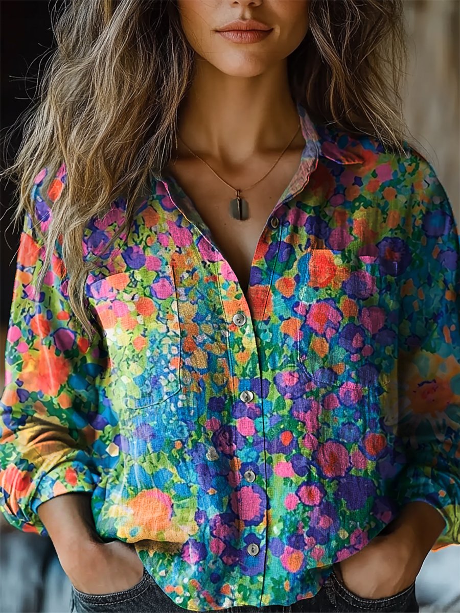 Floral Art Print Casual Long Sleeve Comfortable Cotton Shirt