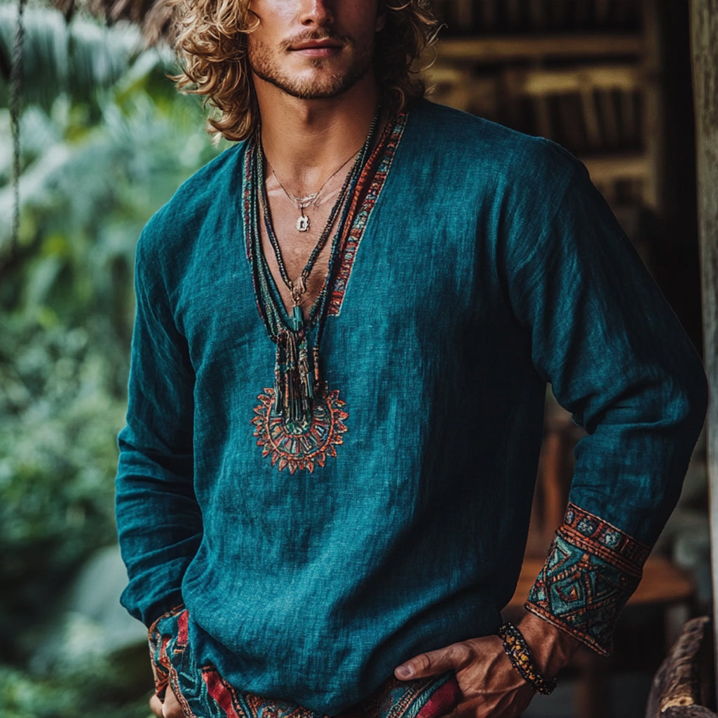 Men's Bohemian Holiday Style Vintage Linen Printed Casual Long Sleeve Top