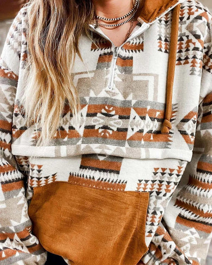 Aledo Ethnic Print Loose Hooded Sweatshirt