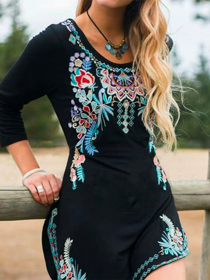 Long Sleeve Floral Crew Neck Embroidered Dresses