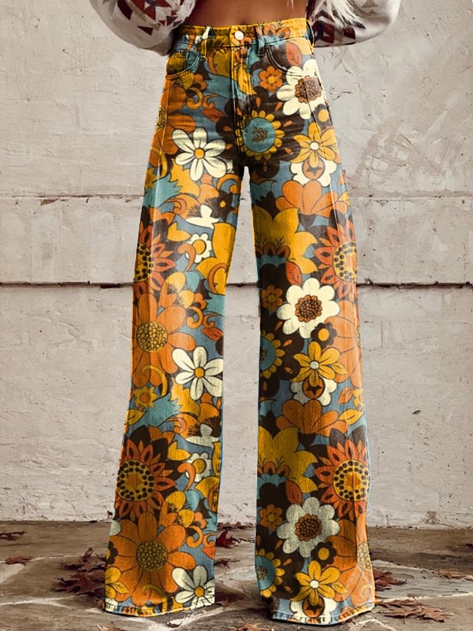 Women's Vintage Botanical Floral Wide Leg Pants