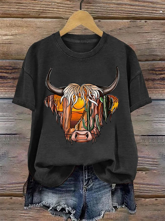 Women's Western Highland Cow Print Casual T-shirt