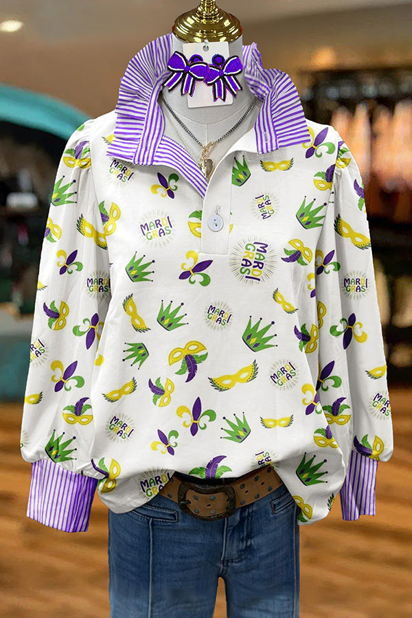 Cute Mardi Gras Print Puff Sleeve Blouse