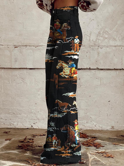 Women's Cowboy Race Print Casual Wide Leg Pants