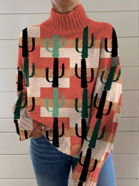 Pink Lattice Cactus Printing Knit Turtleneck Pullover Sweater