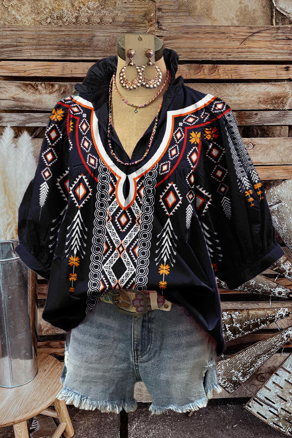 Western Ethnic Print Puff Sleeve Top