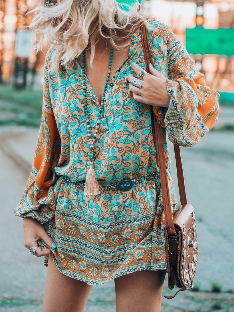 Bohemian style long-sleeved dress