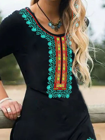 3/4 Sleeve Tribal Casual Crew Neck Dresses