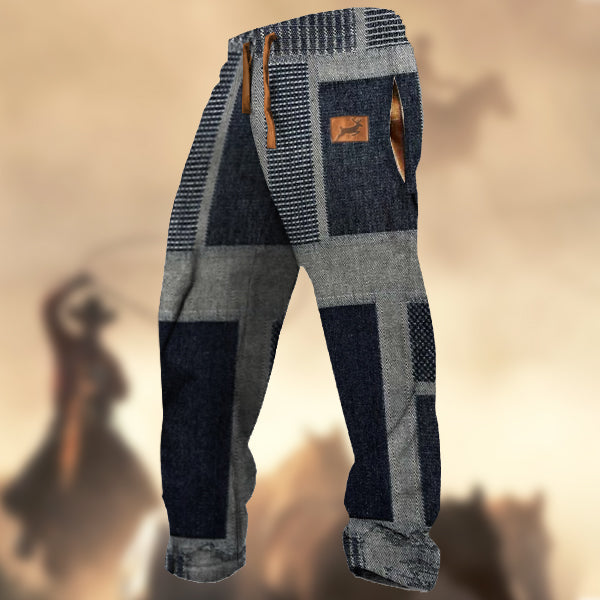 Men's Retro Denim Patchwork Elk Print Sports Casual Sweatpants