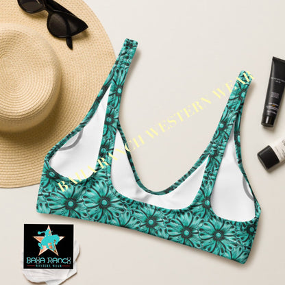 Yeehaw Turquoise Floral Leather Print Bikini Top