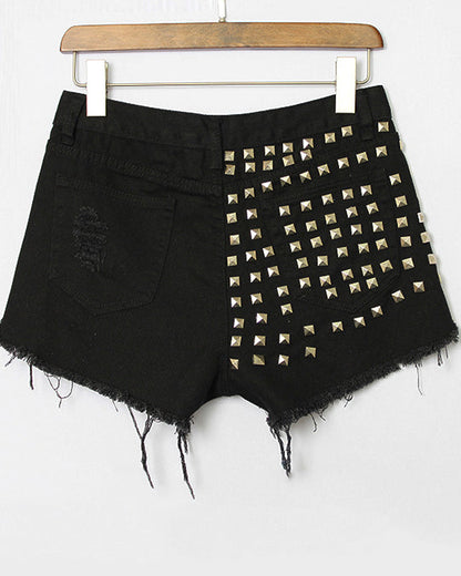 Distressed Rivets Irregular Whiskered Denim High-Waisted Shorts