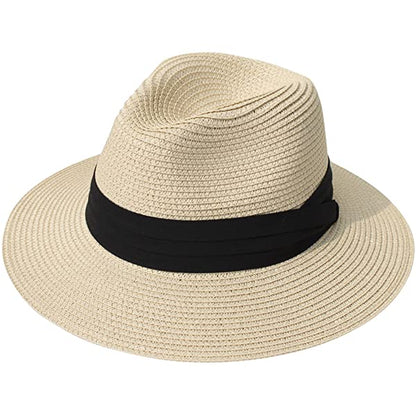 Wide Brim Straw Panama Roll up Hat Belt Buckle Fedora Beach Sun Hat