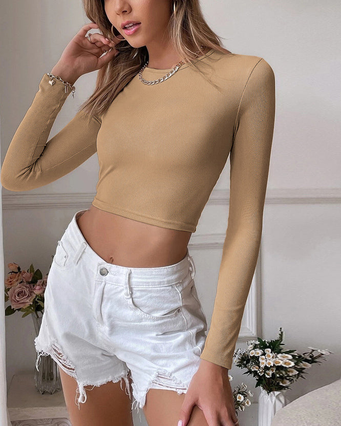 Backless Casual Short Slim Fit Knitted Long-Sleeved T-Shirt Top