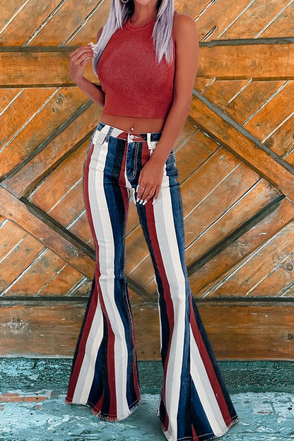 Retro Striped Print Flared Jeans