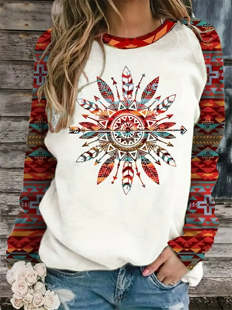 Aztec Print Crew Neck Long Sleeve Sweatshirt