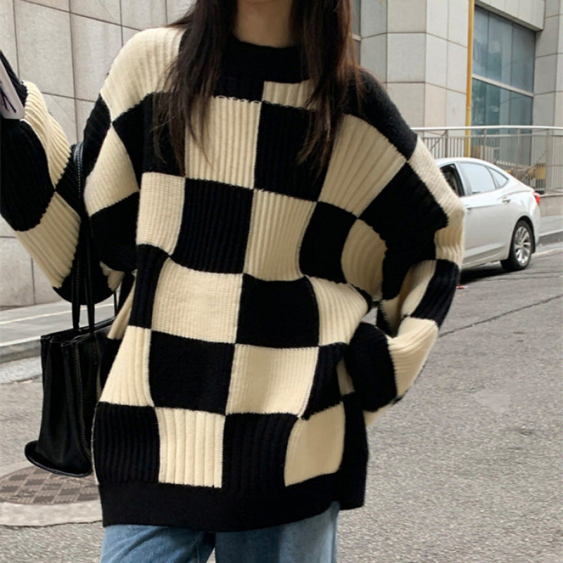 Women's Checkerboard Sweater Vintage Knitted Sweater