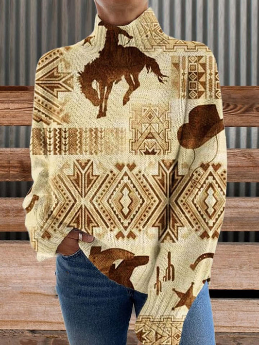 Retro Western Cowboy Ethnic Print Knit Turtleneck Pullover Sweater