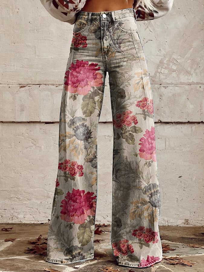 Women's Vintage Botanical Floral Wide Leg Pants