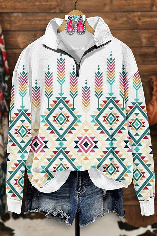 Retro Western Aztec Print Zip-Up Sweatshirt