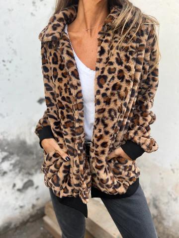 Women's Lapel Leopard Print Long Sleeve Thick Coat