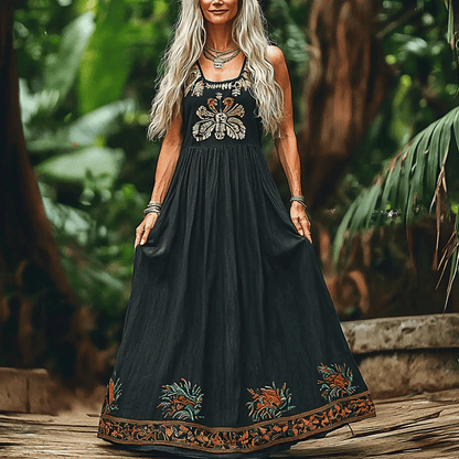 Women's Elegant Bohemian Floral Sleeveless A-Line Linen Maxi Dress