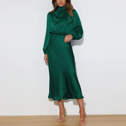 High-end Satin Long-sleeved Loose Dress, Elegant Women's Evening Dress