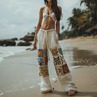 Ethnic Resort Linen Loose Trousers