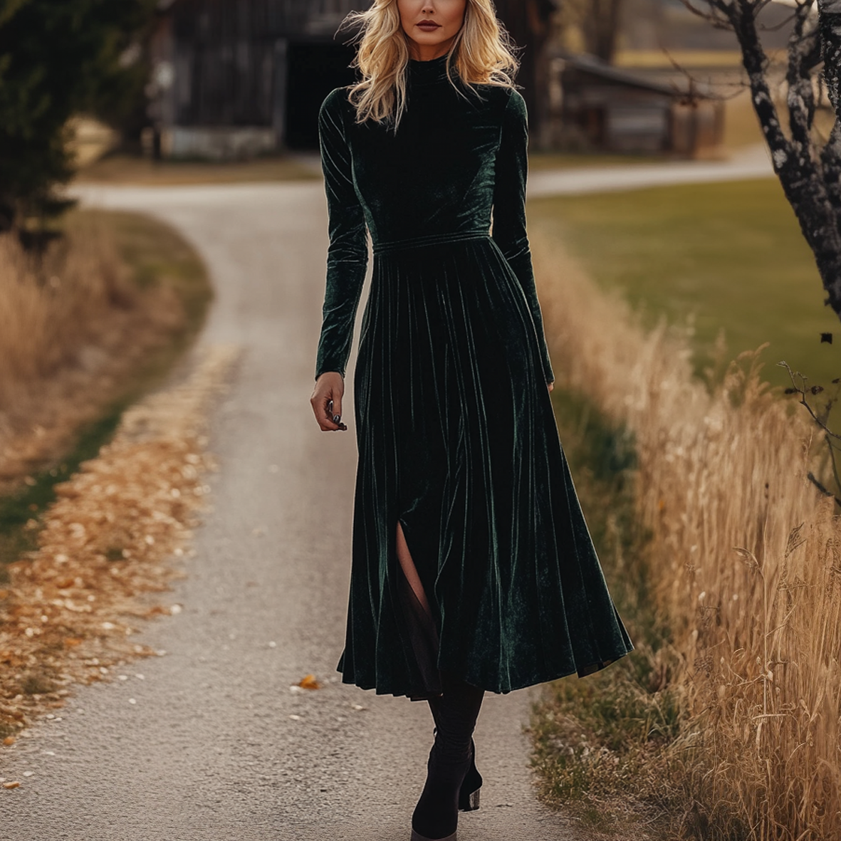 Ladies Vintage Long-sleeved Velvet Midi Dresses