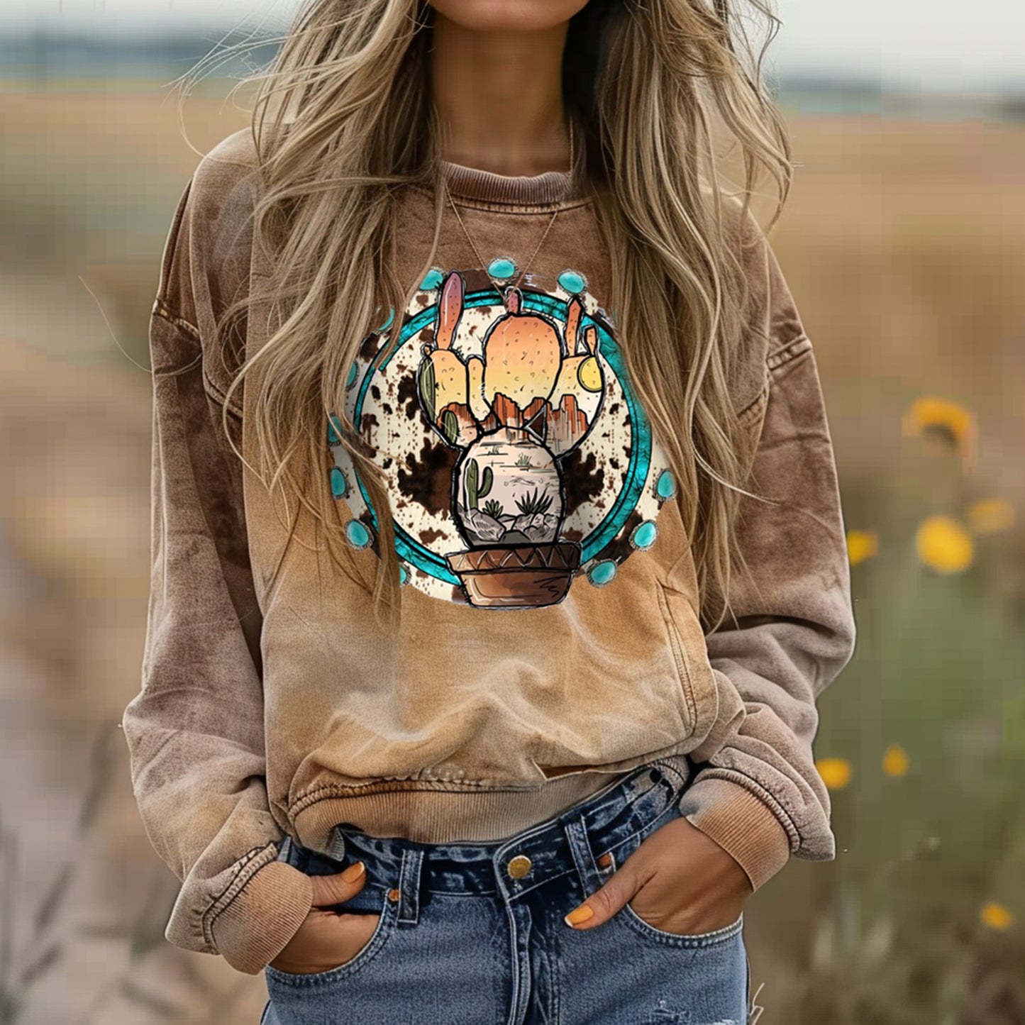 Women's Western Cactus Print Sweatshirt