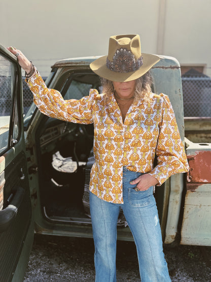 Streets Of Gold Golden Satin Yellow Tulip Flower Pouf Sleeve Button Up Blouse