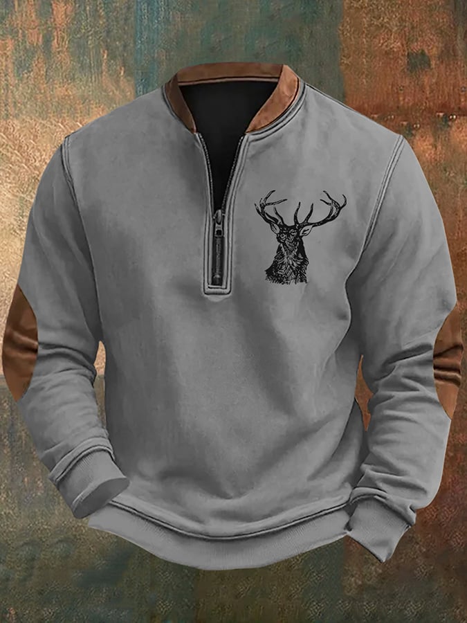 Men's Vintage Western Elk Print Zip-Up Sweatshirt