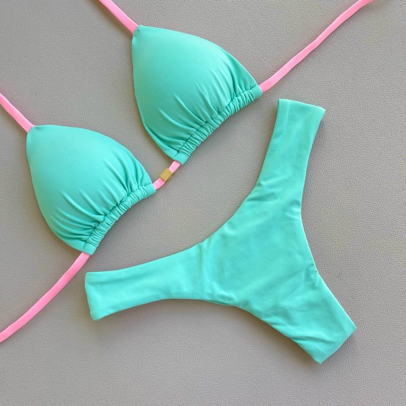 Trendy color contrast retro solid color bikini set