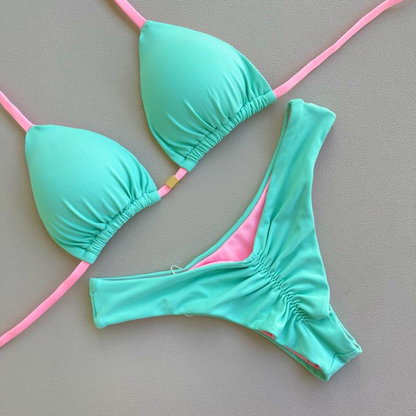 Trendy color contrast retro solid color bikini set